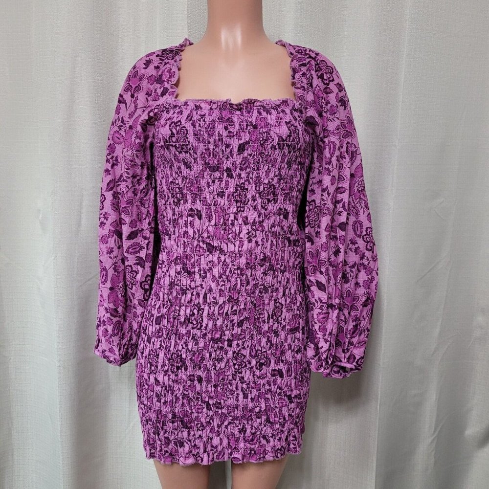 Free People Smock It To Me Mini Dress Women's Sz Large Purple Azalea Combo NWT